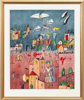 Madeleine Pyk, Cityscape with figures and animals.