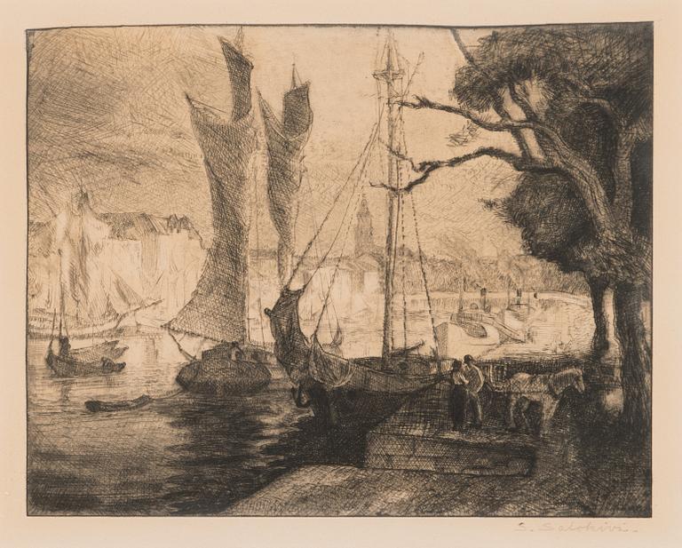 Santeri Salokivi, kuivaneula, signeerattu lyijykynällä.