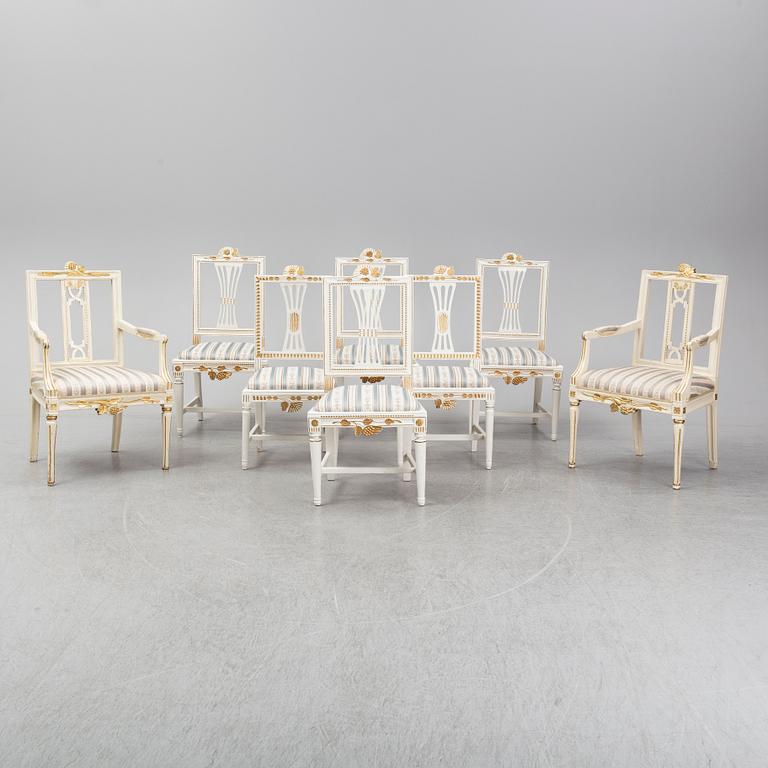 STOLAR 6 st (4+2) och KARMSTOLAR ett par, gustavianska, Lindome, sent 1700-tal.