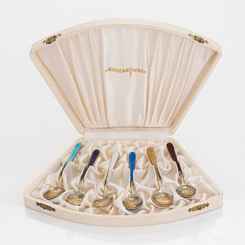 Tillander, a set of six enamelled and gilded silver spoons, Helsinki 1963. In original box.