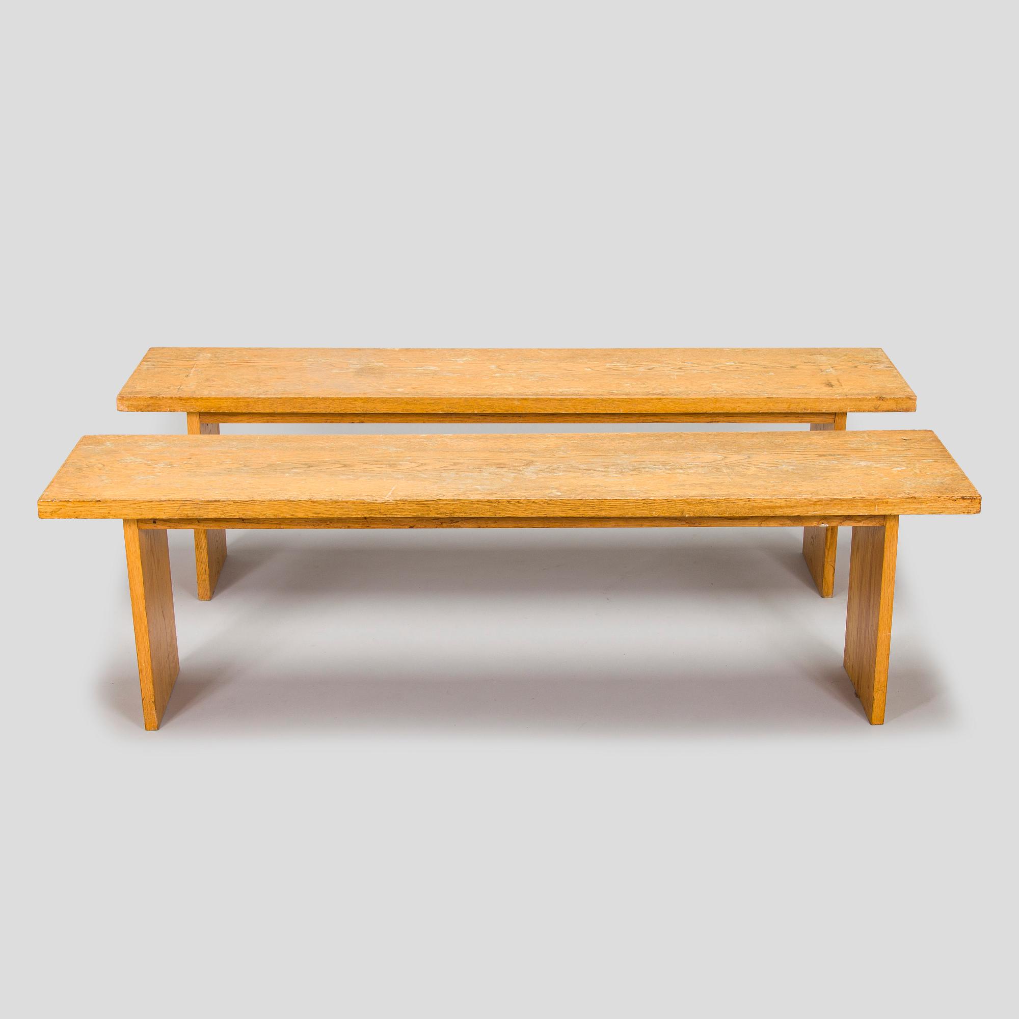 Dining table and two benches, mid-20th century.