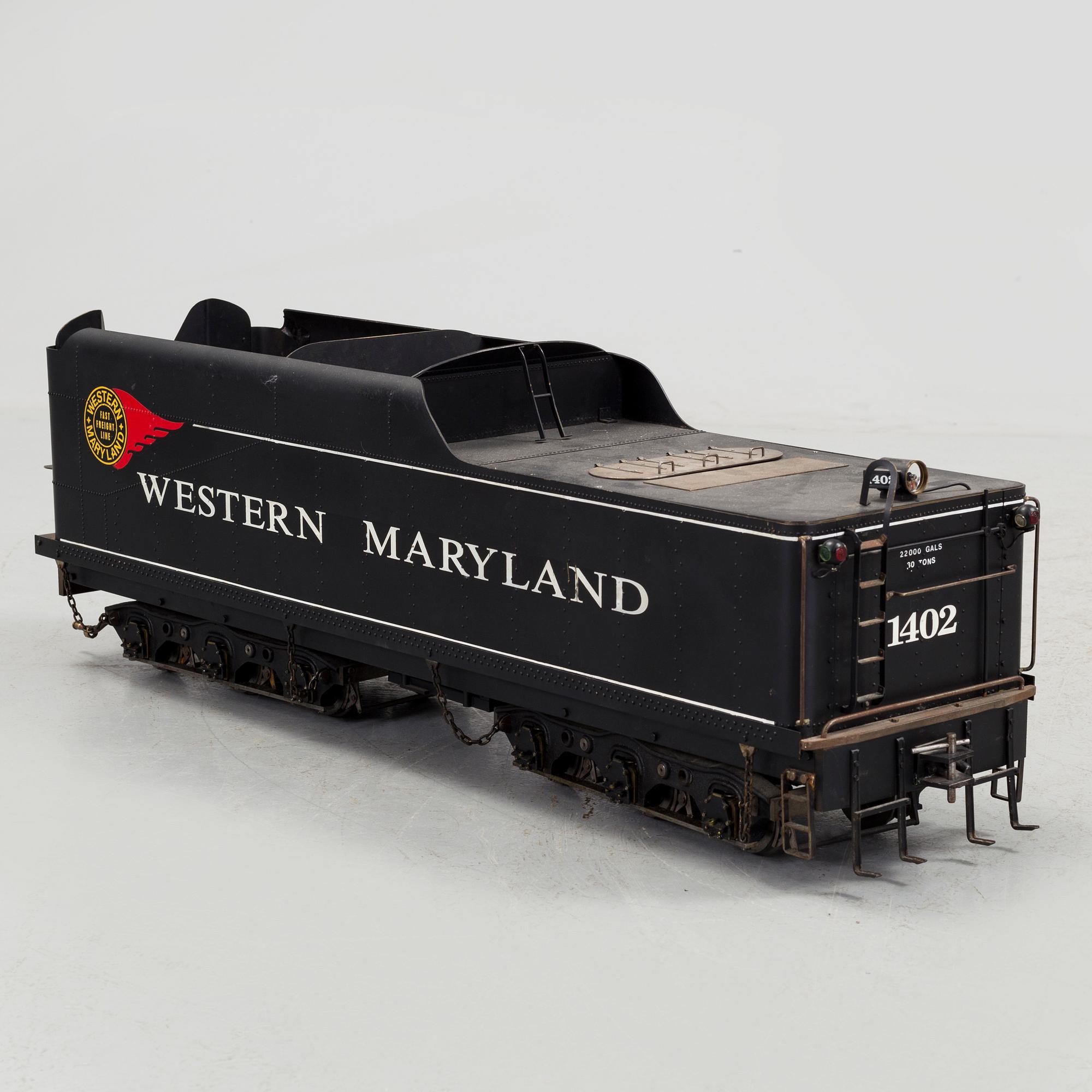 MODELL AV ÅNGLOK, med tender, "4-8-4 Western Maryland 1402", tillverkad av Gunnar Eriksson, spårvidd 3,5 tum.