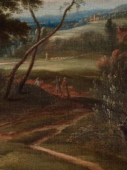 Louis Chalon Circle of, Extensive landscapes with walking figures, a pair.