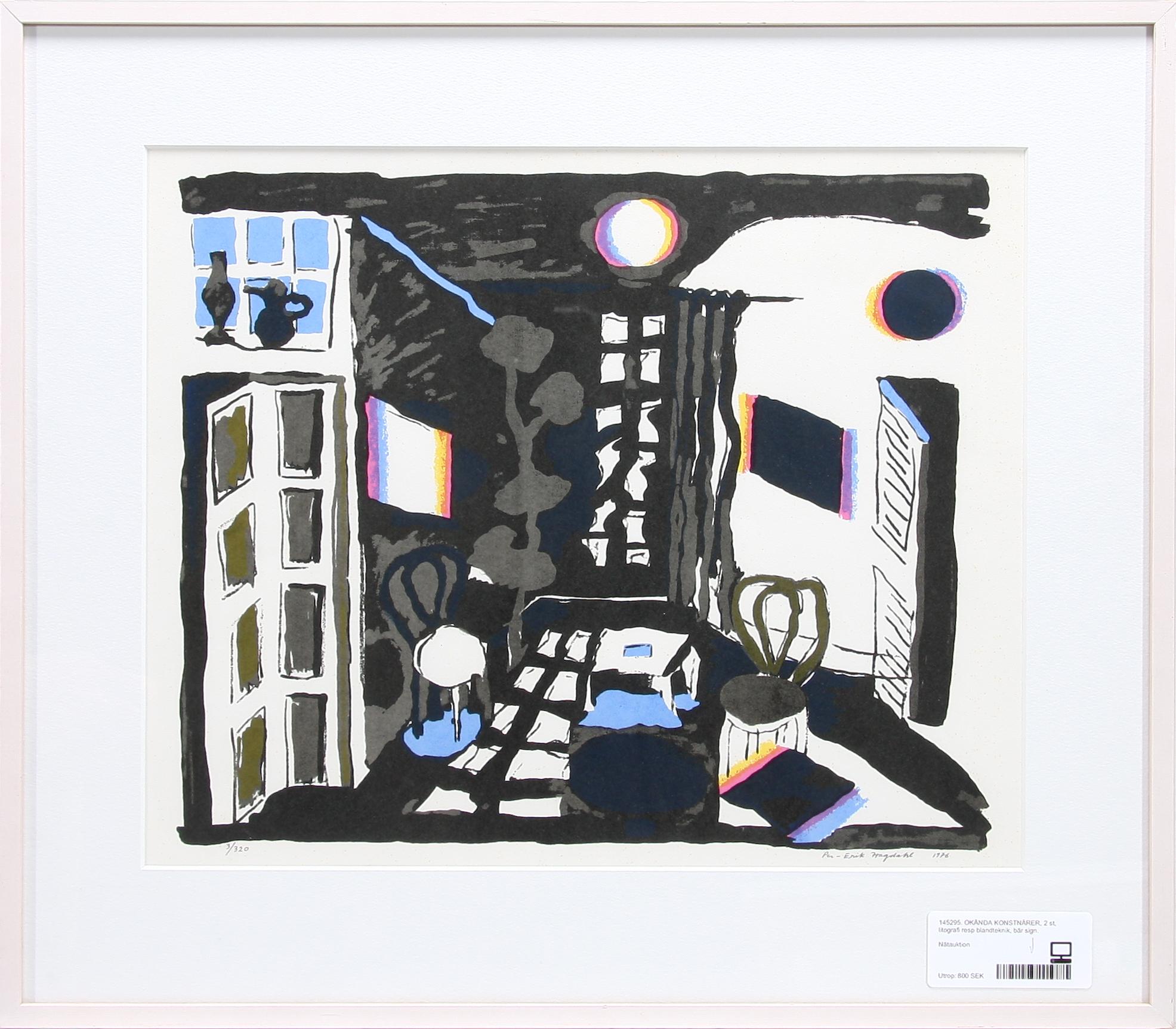 OKÄNDA KONSTNÄRER, 2 st, litografi resp blandteknik, bär sign.