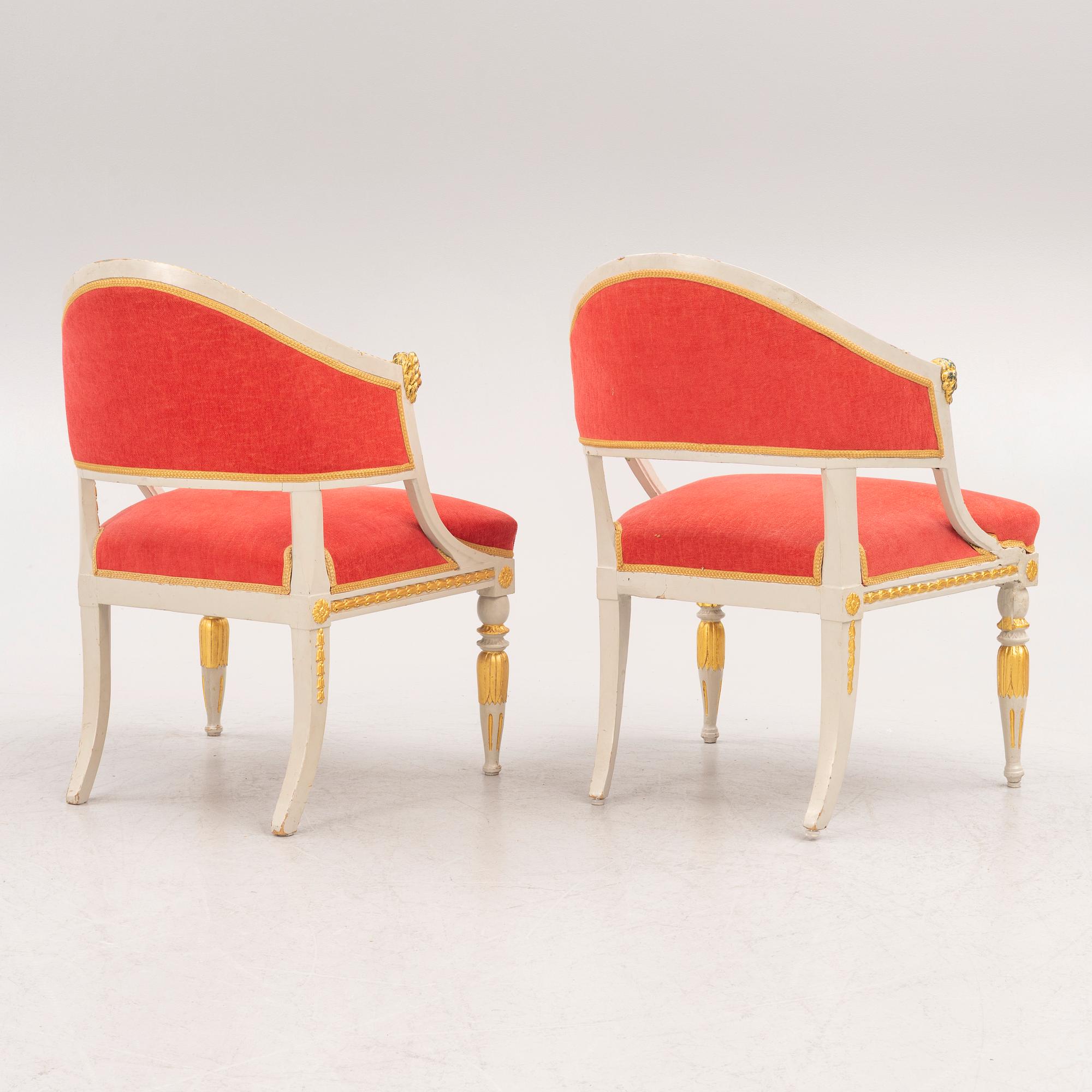 A pair of late Gustavian-style open armchairs, first part 19th century and circa 1900.