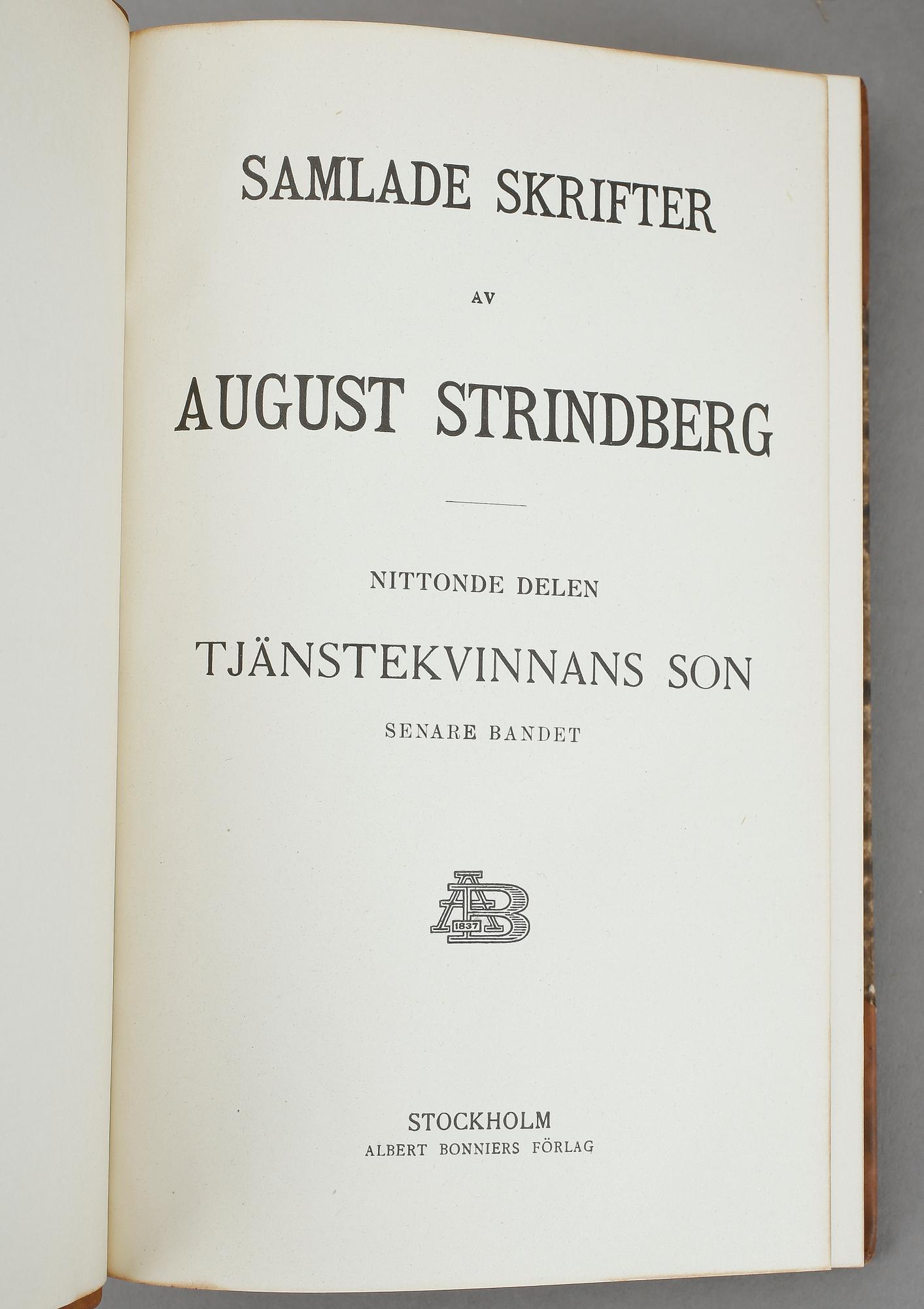PARTI BÖCKER, 38 st, 54 volymer, August Strindbergs samlade skrifter. Albert Bonniers förlag. Stockholm 1910/20-tal.