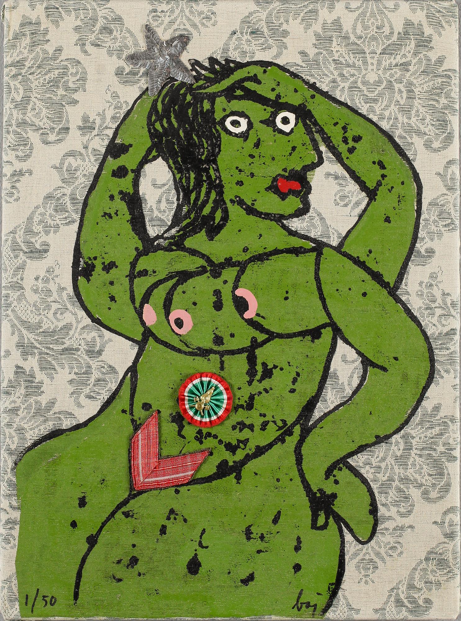 ENRICO BAJ, blandteknik samt collage på tyg, signerad och numrerad 1/50.