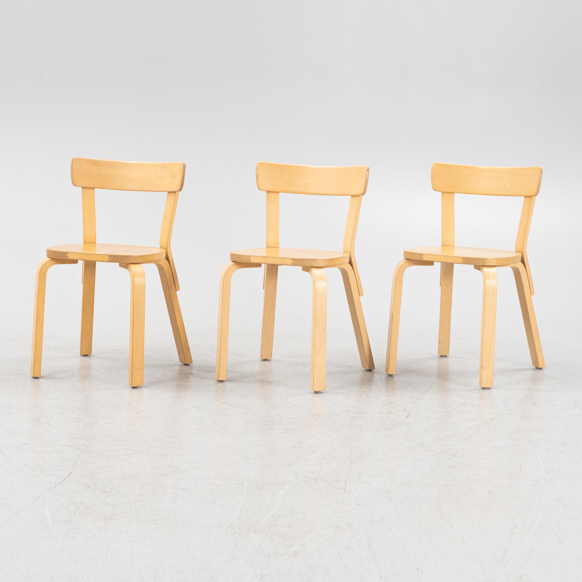 Alvar Aalto, three model 69 chairs, Artek, Finland.