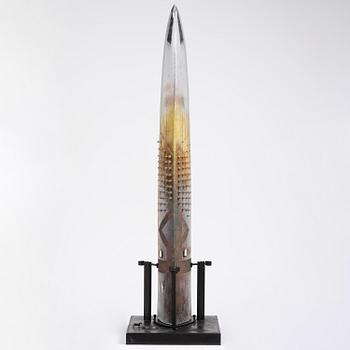 Bertil Vallien, a sand cast glass sculpture of a standing half-boat, Kosta Boda, Sweden.