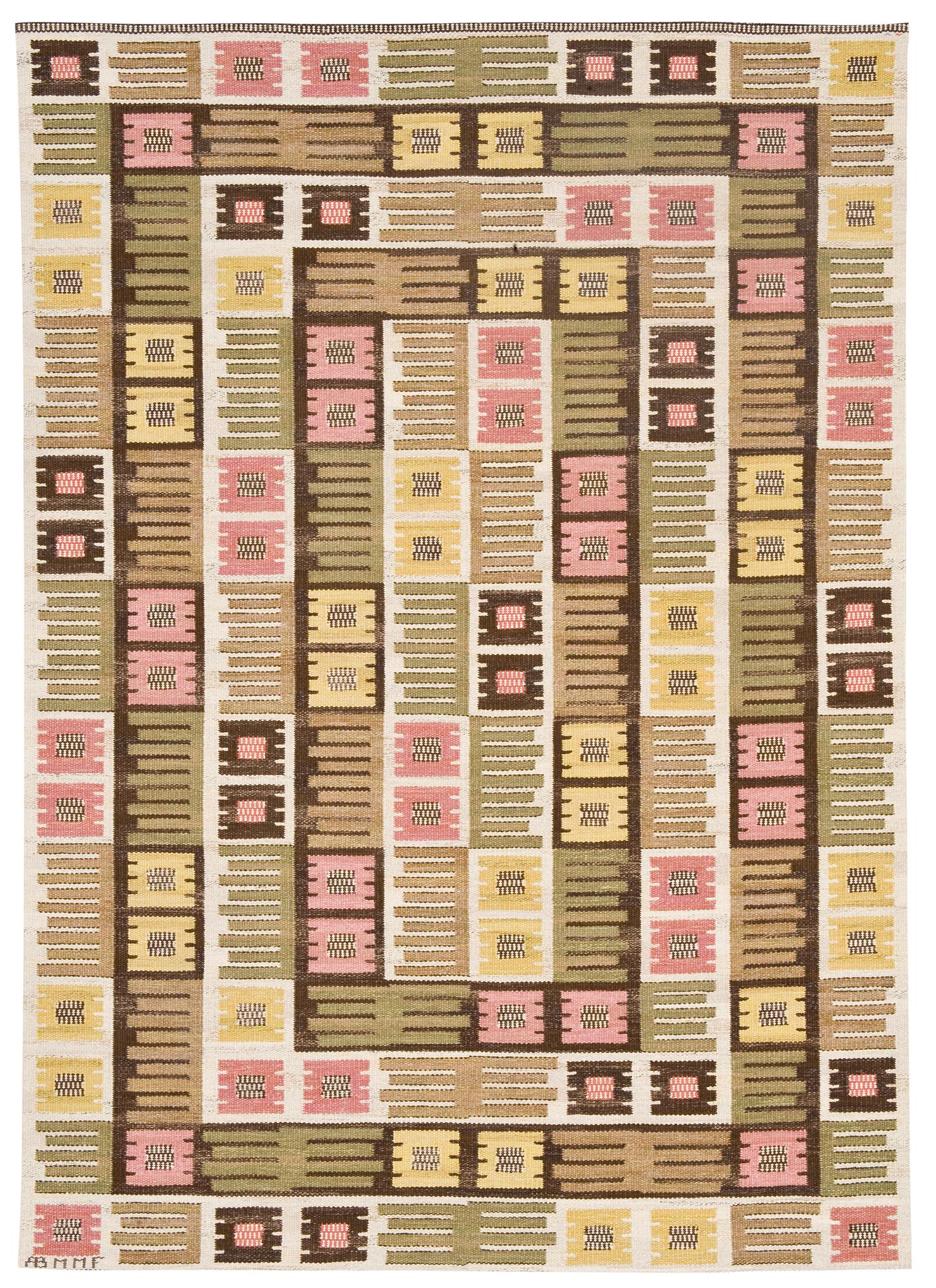 RUG. "Nyponblomman". Rölakan (flat weave). 263 x 183 cm. Signed AB MMF (AB Märta Måås-Fjetterström).