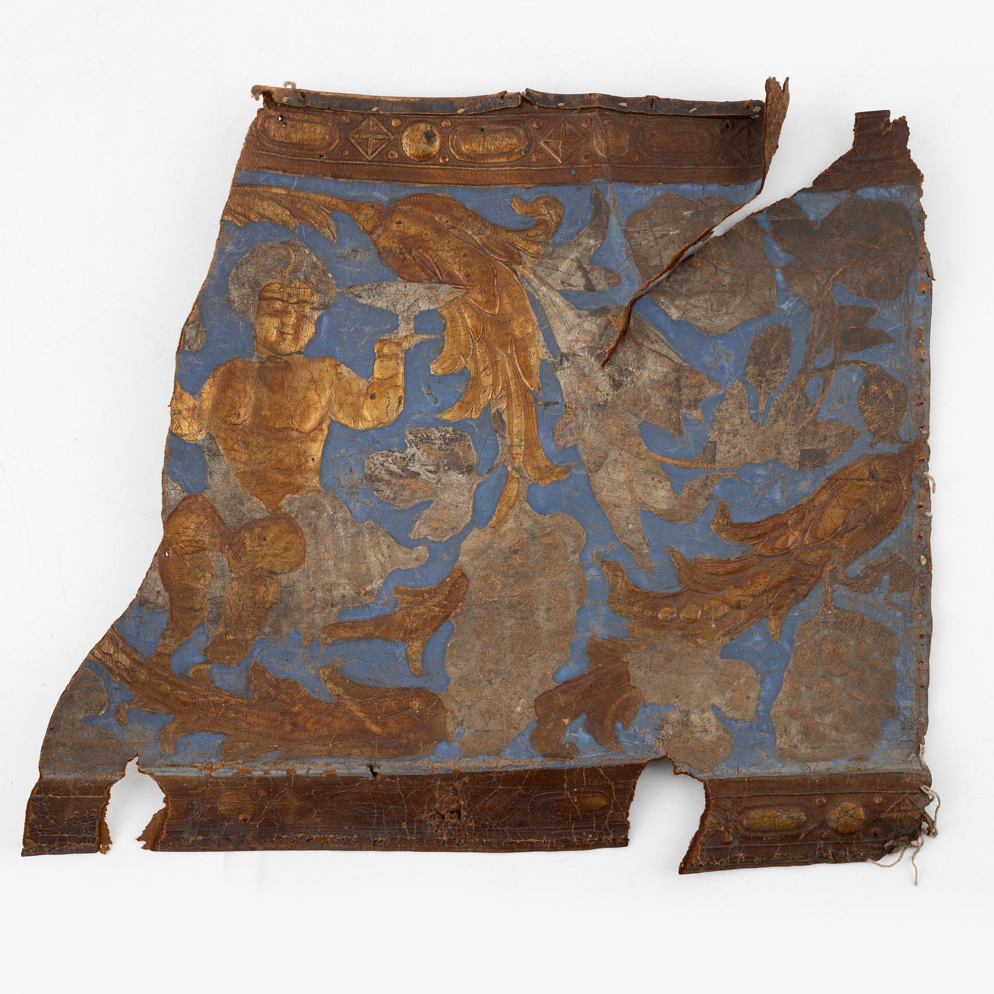 A Baroque leather wallpaper fragment, circa 1700.