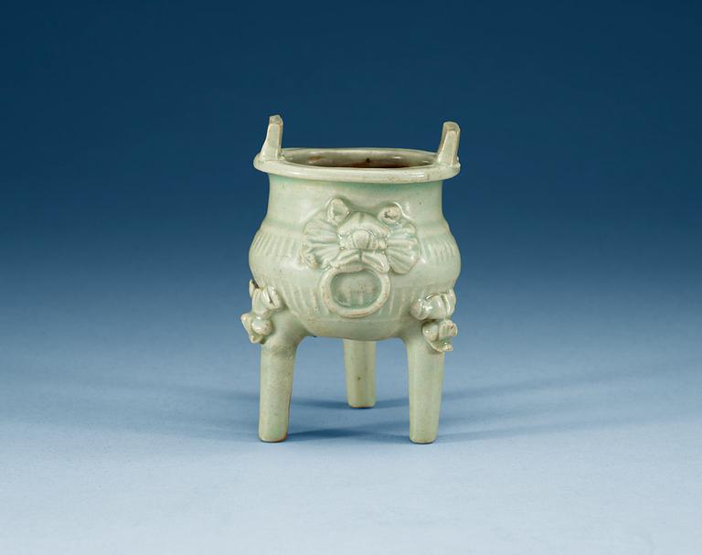 A pale celadon glazed tripod censer, Yuan dynasty (1271-1368).