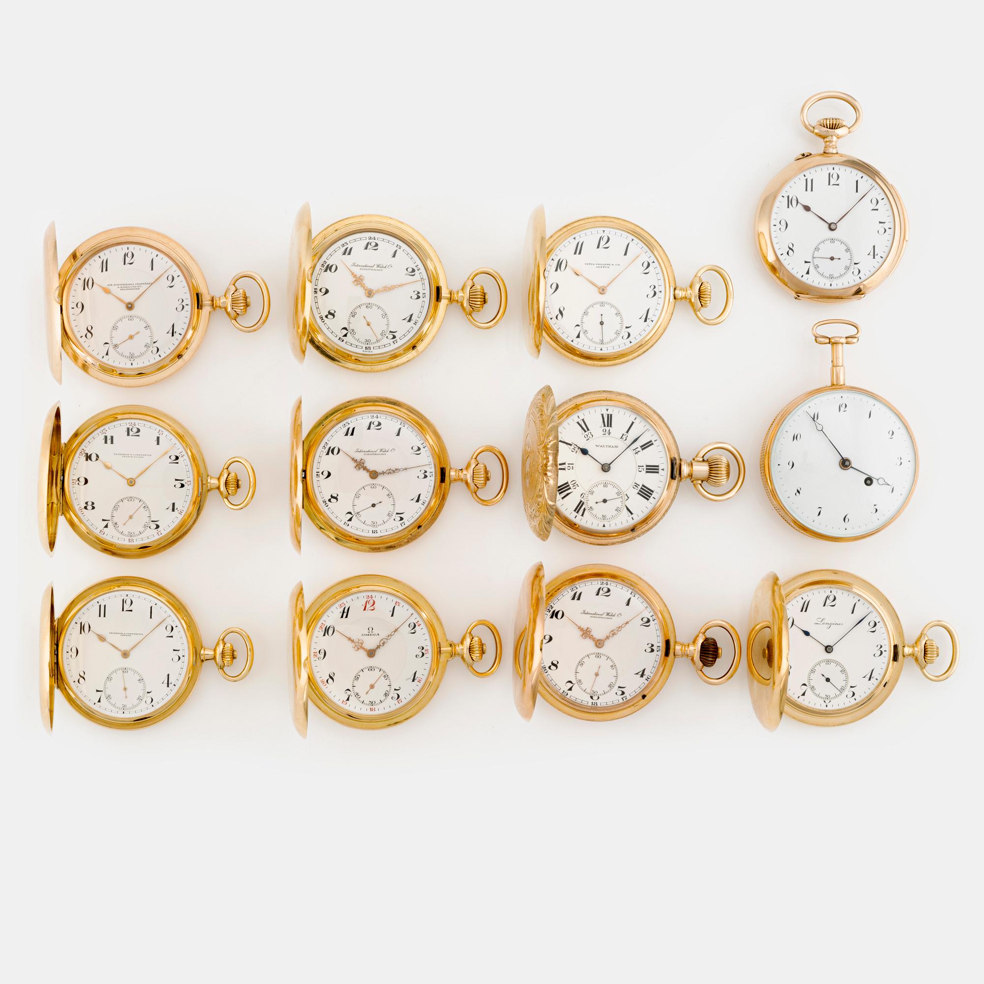 Collection of Twelve Exclusive Gold Pocket Watches, Patek Philippe, Vacheron & Constantin, Omega, IWC, and others.