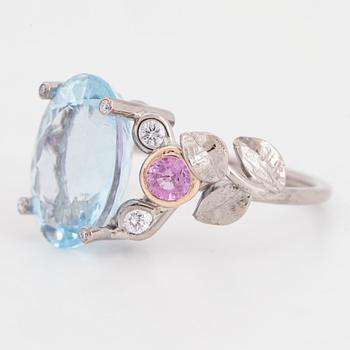 Aquamarine, pink sapphire and brilliant-cut diamond ring.