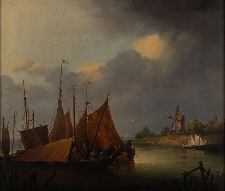 Joseph Magnus Stäck, Hamnscen med figurer i båtar.