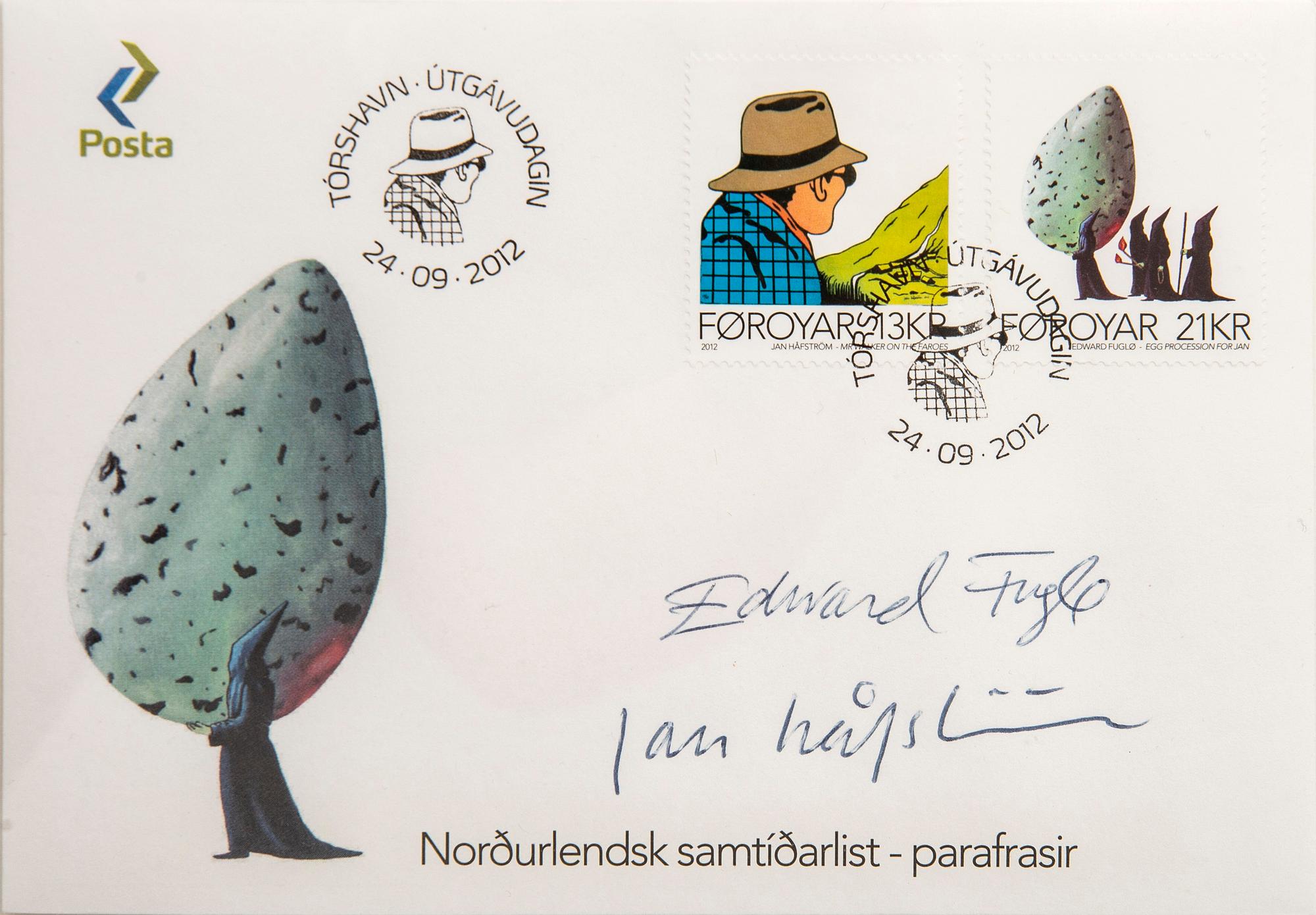 Jan Håfström, två frimärksark samt signerat kuvert. 2012.