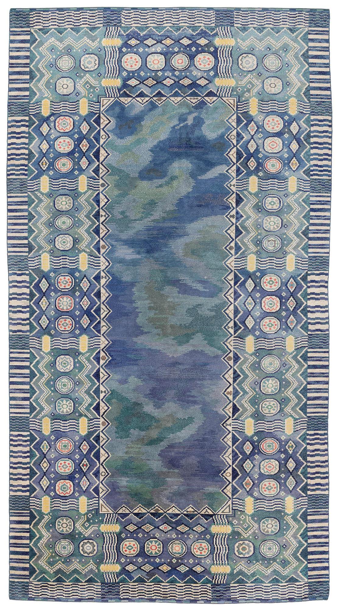 Margareta Sundbom Eichenholz, a knotted pile, 'Skogen och älven' carpet, Gävleborgs Läns Hemslöjdsförening, c. 710 x 384 cm.