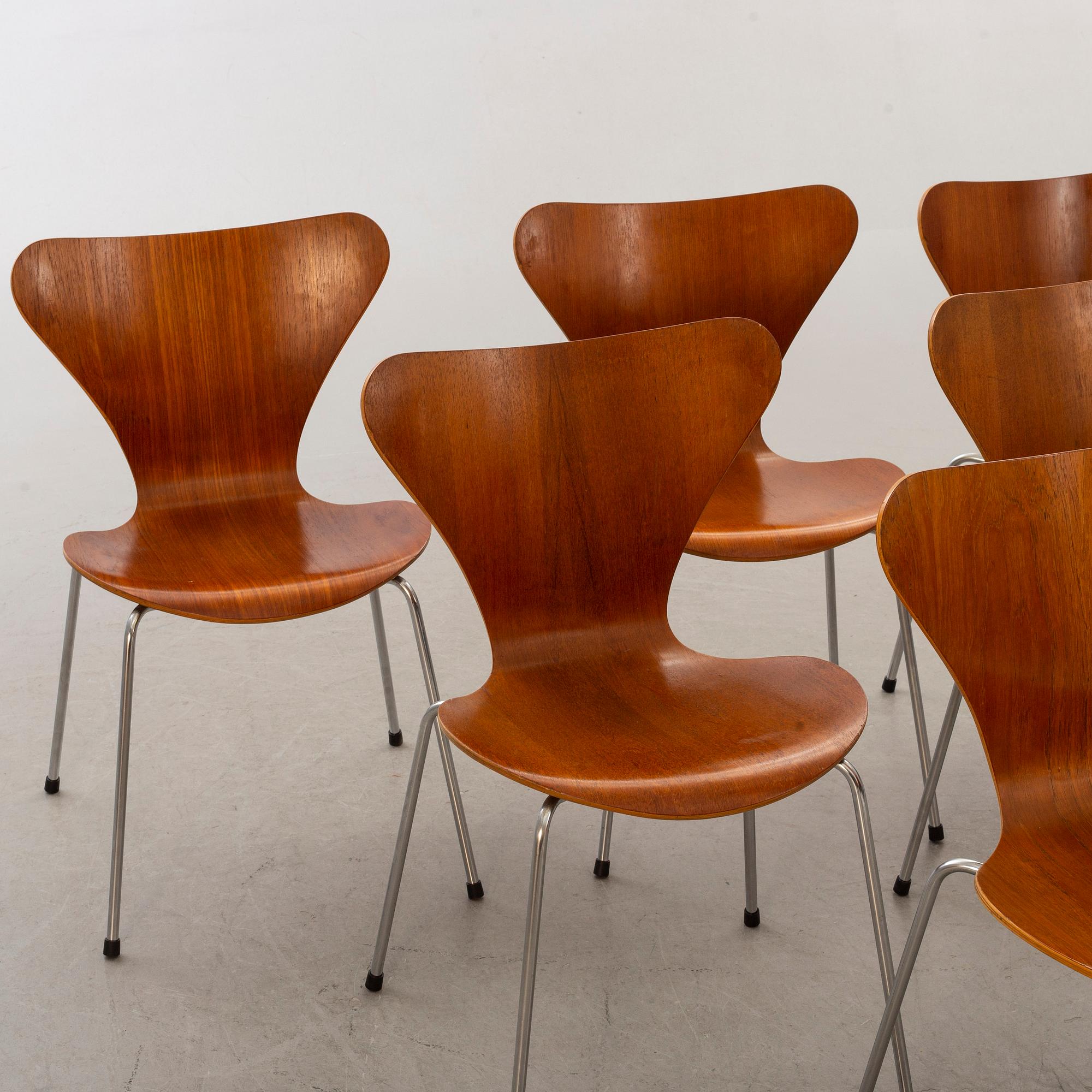 ARNE JACOBSEN, stolar 6 st "Sjuan för Fritz Hansen Danmark sent 1900-tal.
