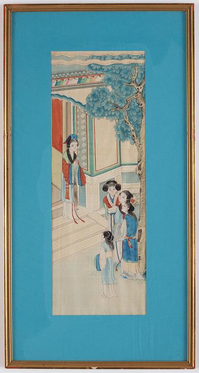 A group of seven Chinese paintings on silk by anonymous artist, Qing dynasty, 19th century.