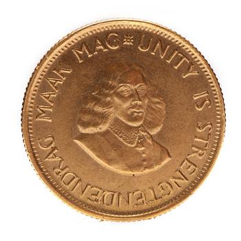 GULDMYNT, finguld, Krugerrand, Sydafrika, 1974. Vikt ca 8 g.