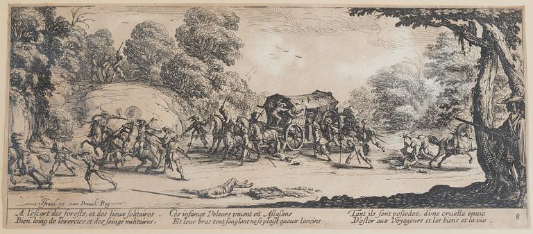 JACQUES CALLOT, the complete set of 18 etchings, 1633, second and third state mixed in the set.