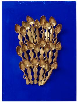 Arman, polished bronze mounted on Klein blue wooden panel, signed and numbered XIX/XXX.