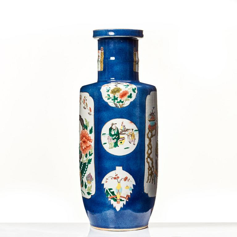 A powderblue and famille verte roleau vas, late Qing dynasty.