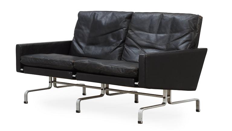 A Poul Kjaerholm 'PK-31-2' black leather and steel sofa, E Kold Christensen, Denmark.