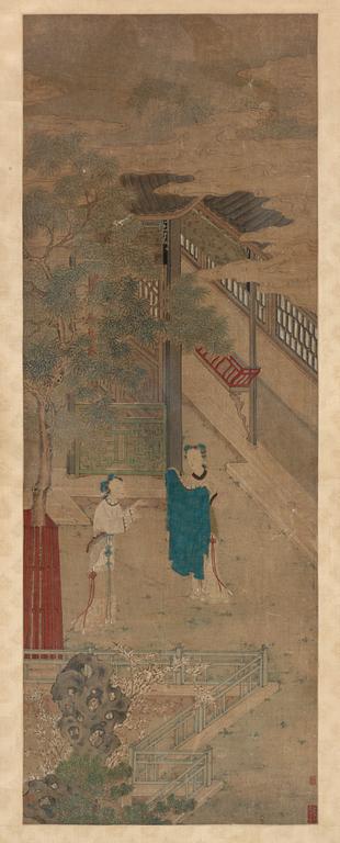 A painting of palace maidens in a garden, late Qing dynasty.