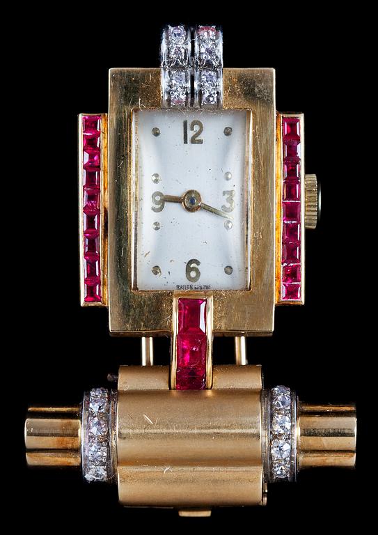 A ruby and diamond watch, 1940's.