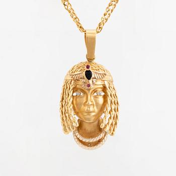 Gold, sapphire, ruby and brilliant cut diamond necklace, egyptian motif.