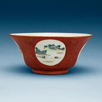 1813. A coral red and enamelled bowl, late Qing dynasty, with Qianlong seal mark.