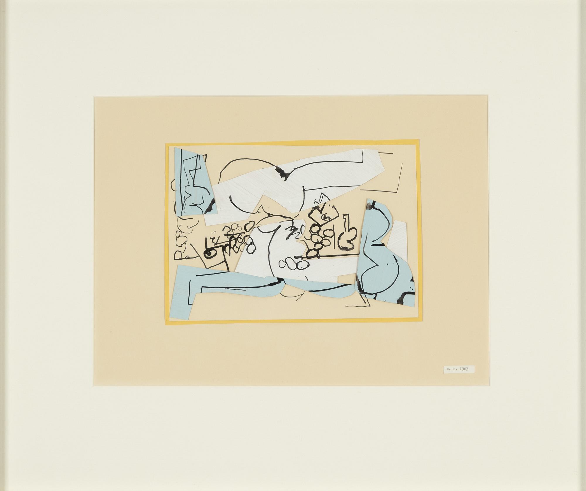 Elis Eriksson, collage, signed E E and dated 1963 with type writer.