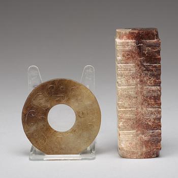 An archaistic Chinese nephrite cong and bi disc.