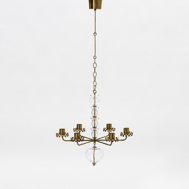 Erik Höglund, probably. A glass and brass chandelier, mid 20th Century.