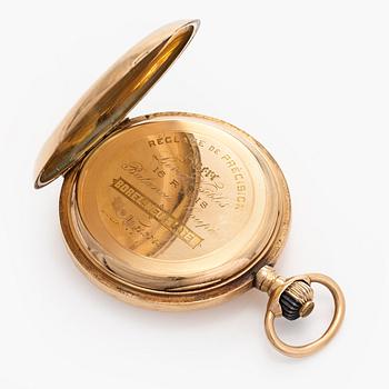 Pocket watch, Borel Neuchatel, 53 mm, 14K gold, lever escapement, plastic crystal.