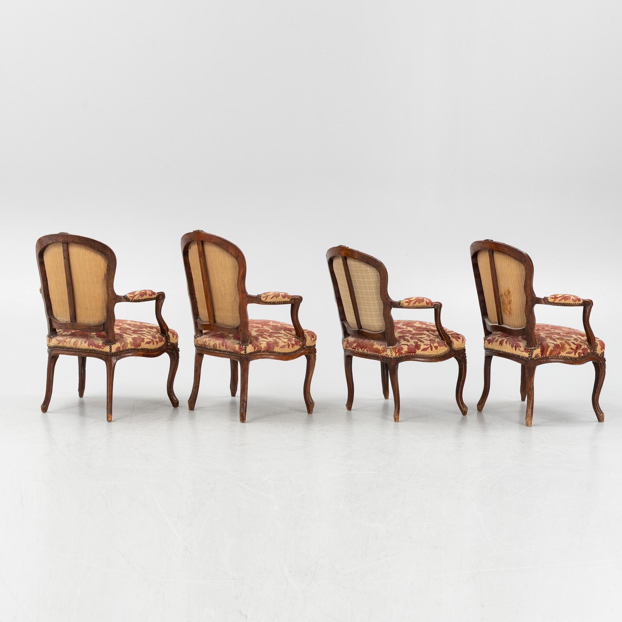 A matched set of four Louis XV armchairs, mid 18th century.