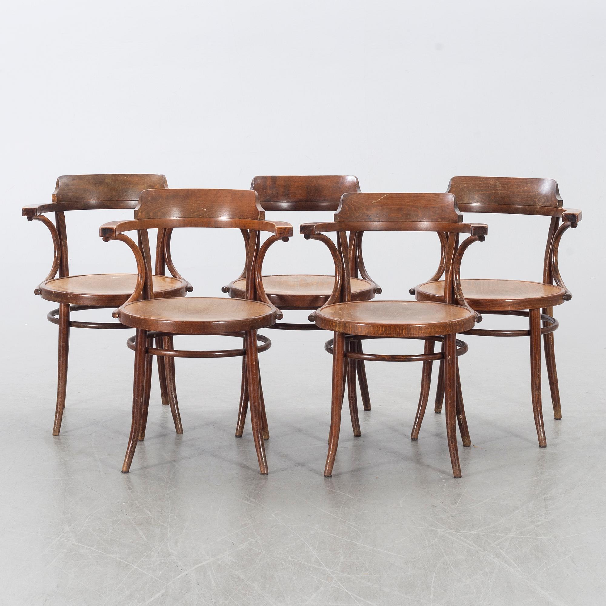 FIVE DREVOUNIA BENTWOOD  CHAIRS MID 20TH CENTURY.