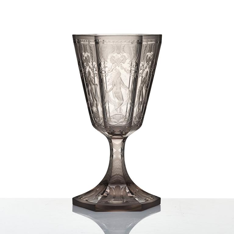 Simon Gate, a Swedish Grace engraved glass goblet 'Sex gracer', Orrefors 1929, model 154.