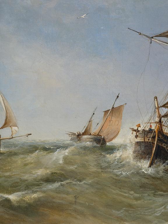 James Edwin Meadows, Sailing boats in rough weather by the coast with a lighthouse.