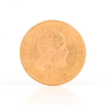 GULDMYNT, 20 kronor, Oscar II av Sverige och Norge 1876. Vikt ca 9 gram.