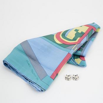 Eduardo Paolozzi, silkscreen in colours, 1986, signed and a scarf and brooches.