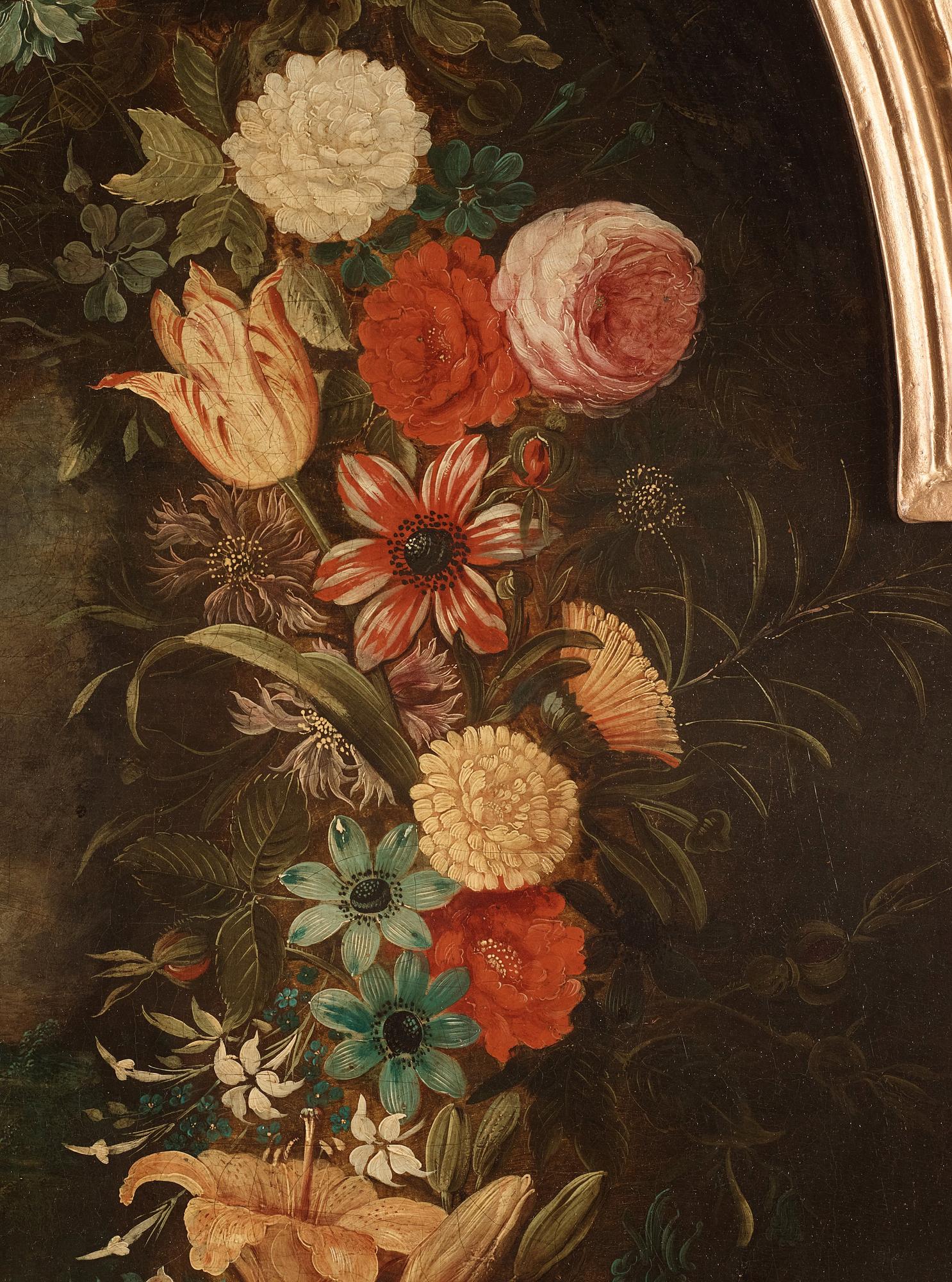 Daniel Seghers & Hendrick van Balen dä Tillskriven, Blomsterkrans med landskap med Johannes Döparen.