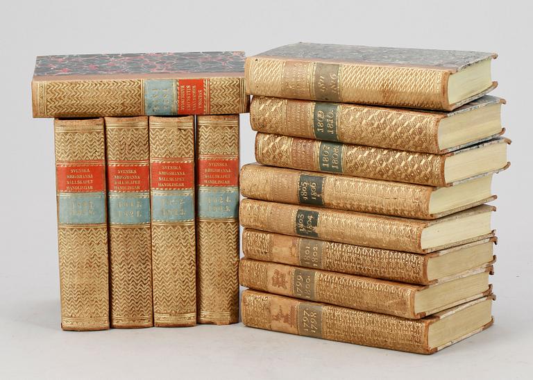 BOKVERK, 13 vol, "Svenska Krigsmanna Sällskapets Handlingar 1797-1828 , Stockholm 1798-1828.