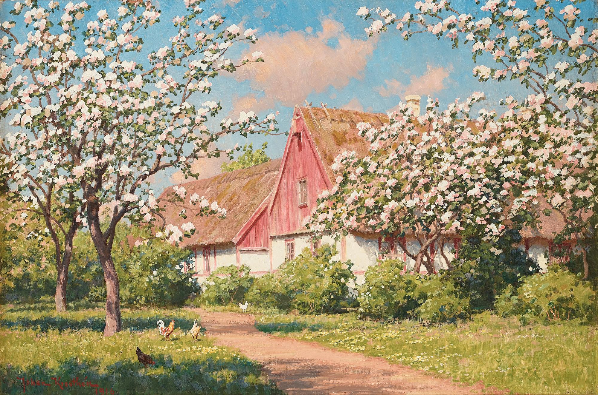 Johan Krouthén, Skånsk gård med blommande träd.