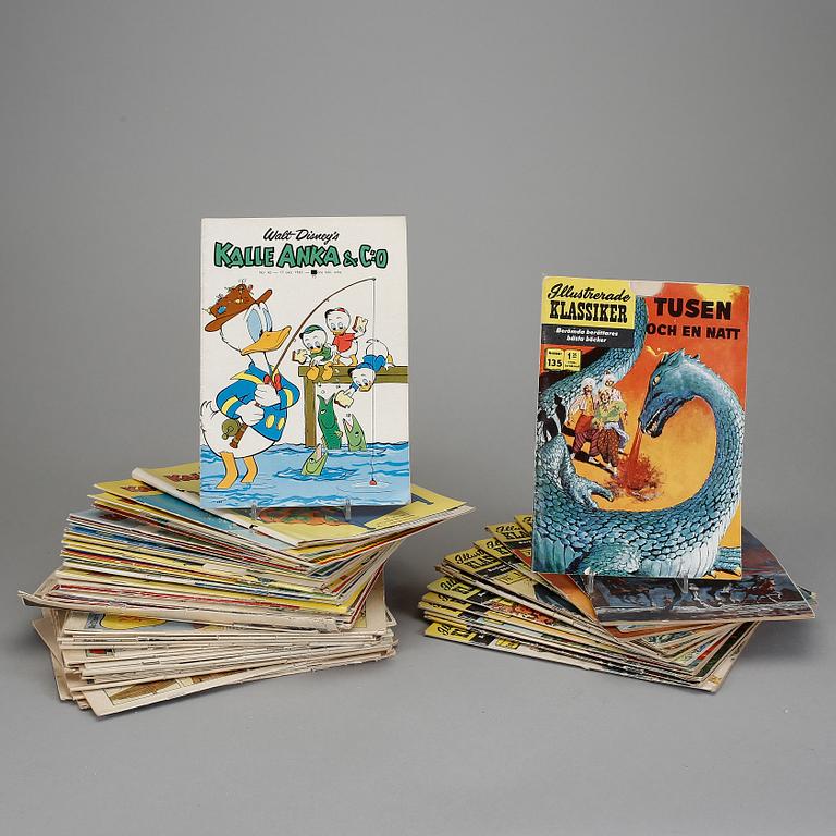 SERIETIDNINGAR, 77 st. Kalle Anka & Co och Illustrerade Klassiker. 1950-/60-tal.