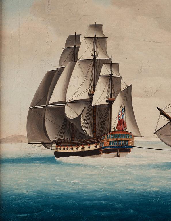 Two Chinese Export paintings of East Indiamen, Qing dynasty, circa 1800.