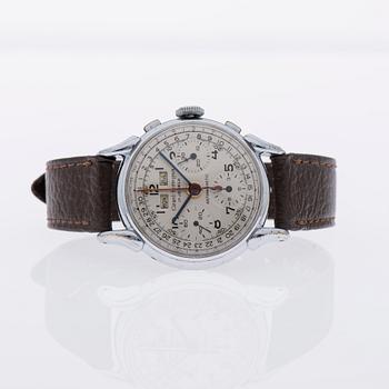 ARMBANDSUR, herr, Girard Perregaux "triple-date" kronograf, stål. Original box. 1940-tal.