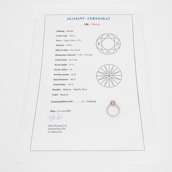RING, vitguld 14K, briljantslipad diamant 1,36 ct, enligt gravering.