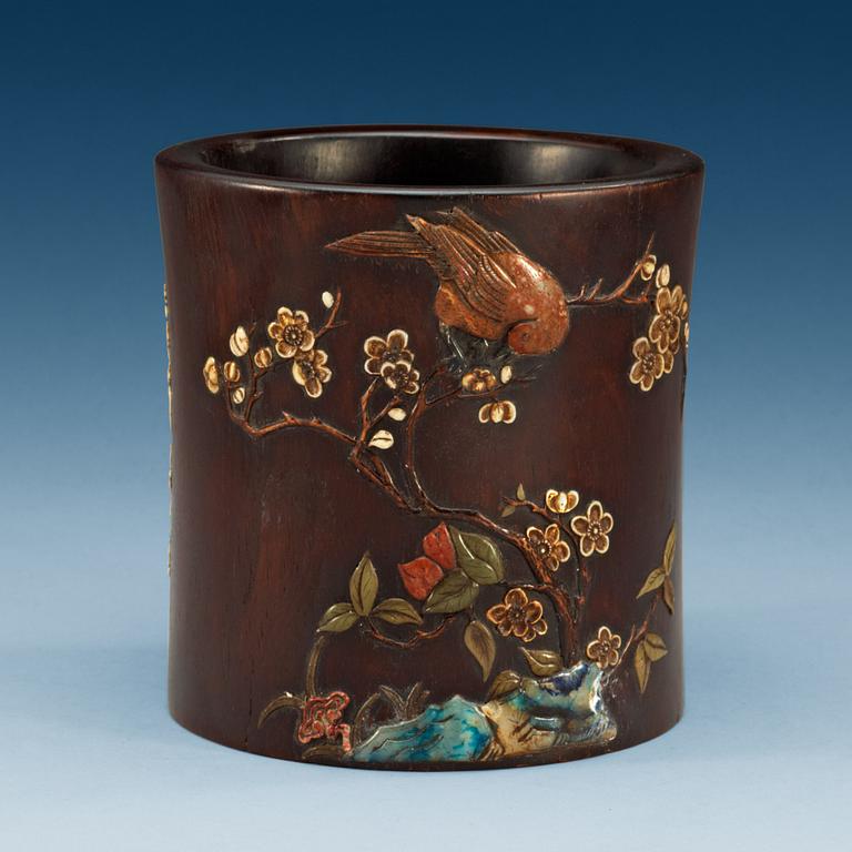 A Chinese wooden and inlayed brush pot, 20th Century.